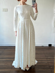50s Boat Neckline Embossed Satin Rosette Detail Dress