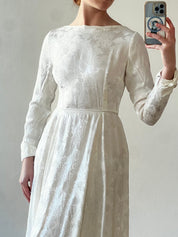 50s Boat Neckline Embossed Satin Rosette Detail Dress