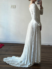 50s Boat Neckline Embossed Satin Rosette Detail Dress
