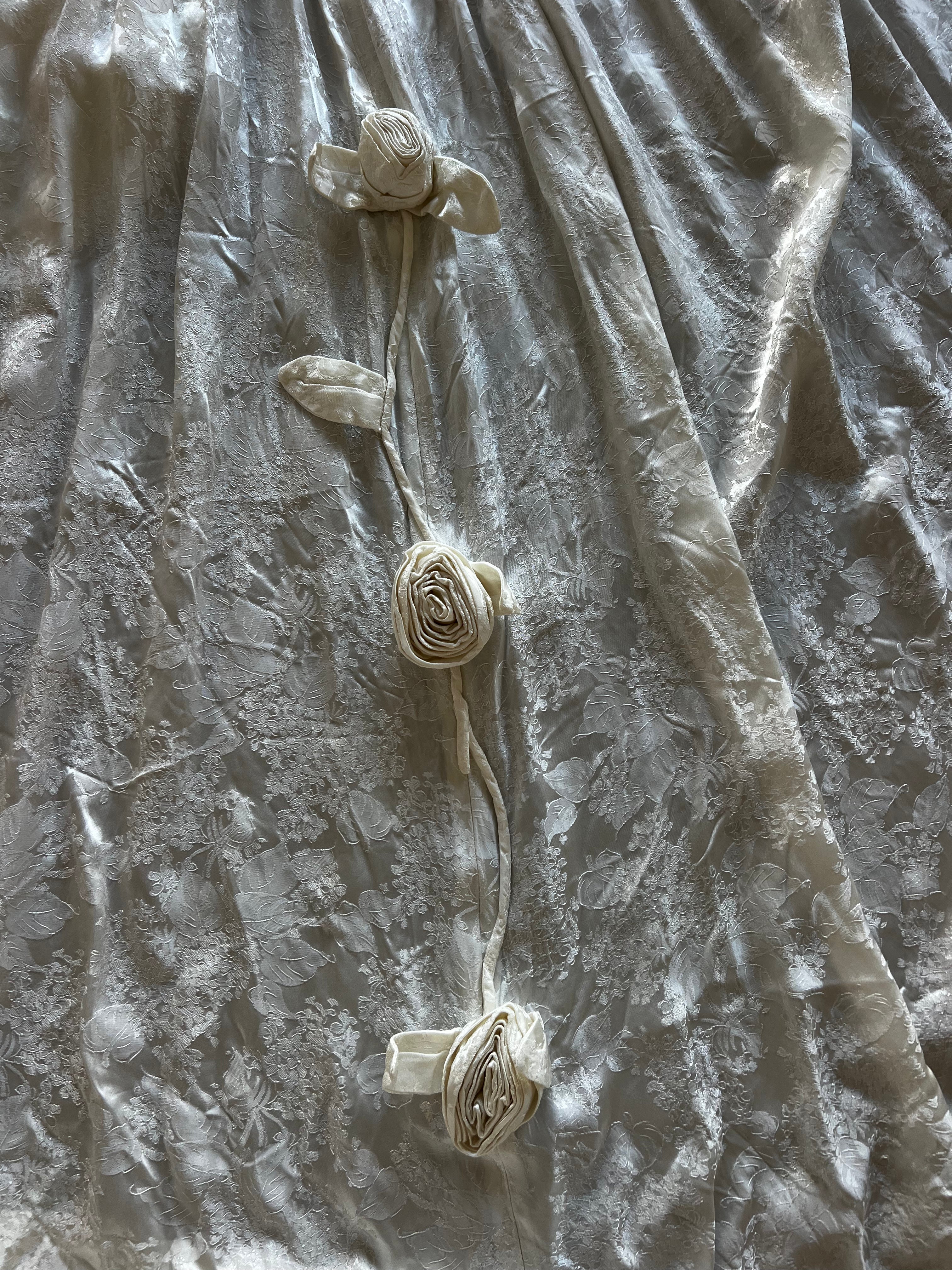 50s Boat Neckline Embossed Satin Rosette Detail Dress