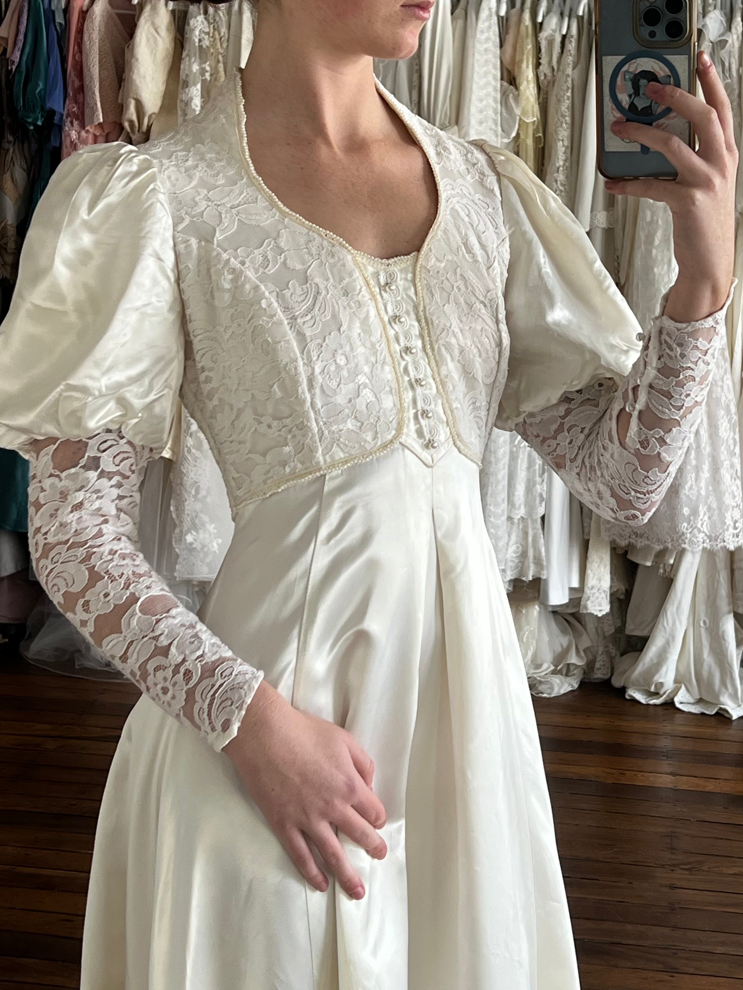 70s Gunne Sax Satin and Lace Empress dress