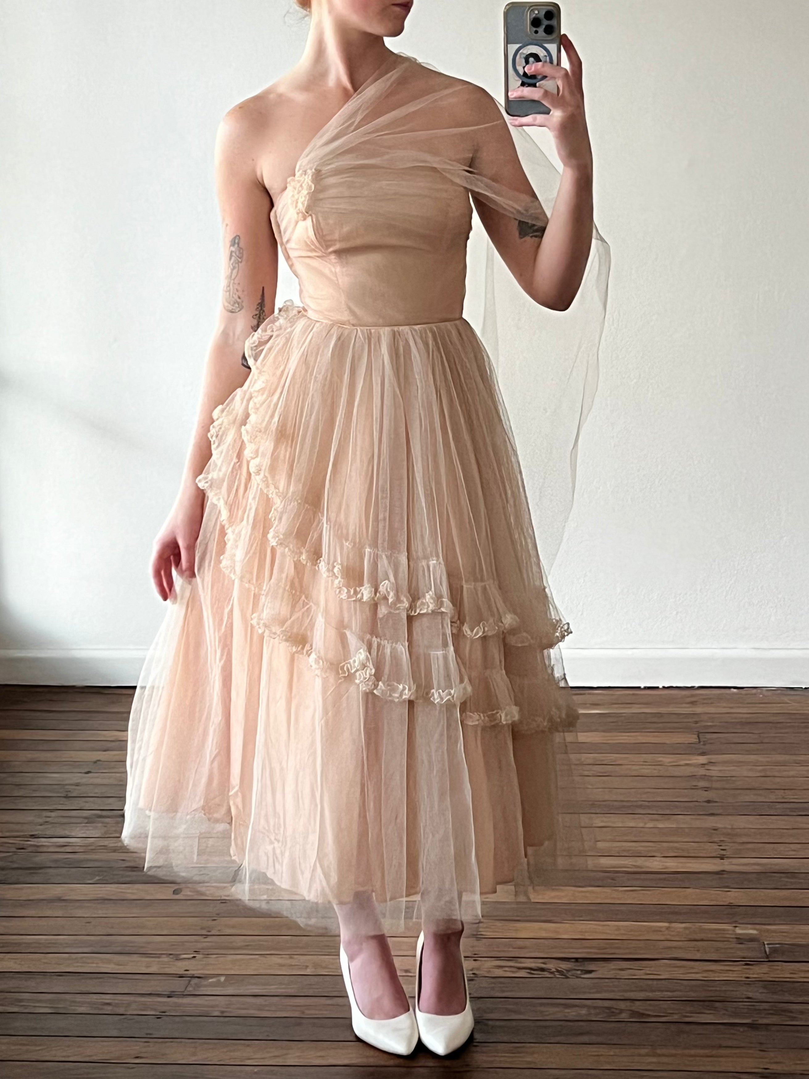 50s Dusty Pink Asymmetrical Tulle Dress