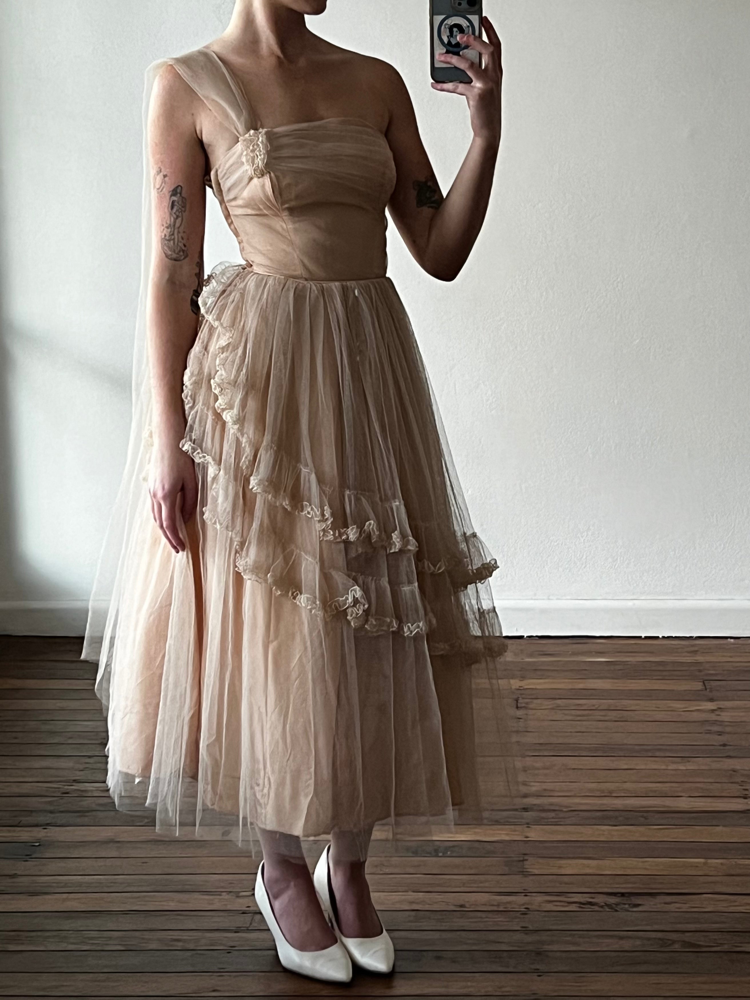 50s Dusty Pink Asymmetrical Tulle Dress