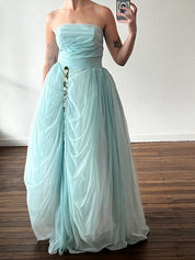 1955 Blue Strapless Asymmetrical Flower Detail Dress