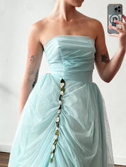 1955 Blue Strapless Asymmetrical Flower Detail Dress