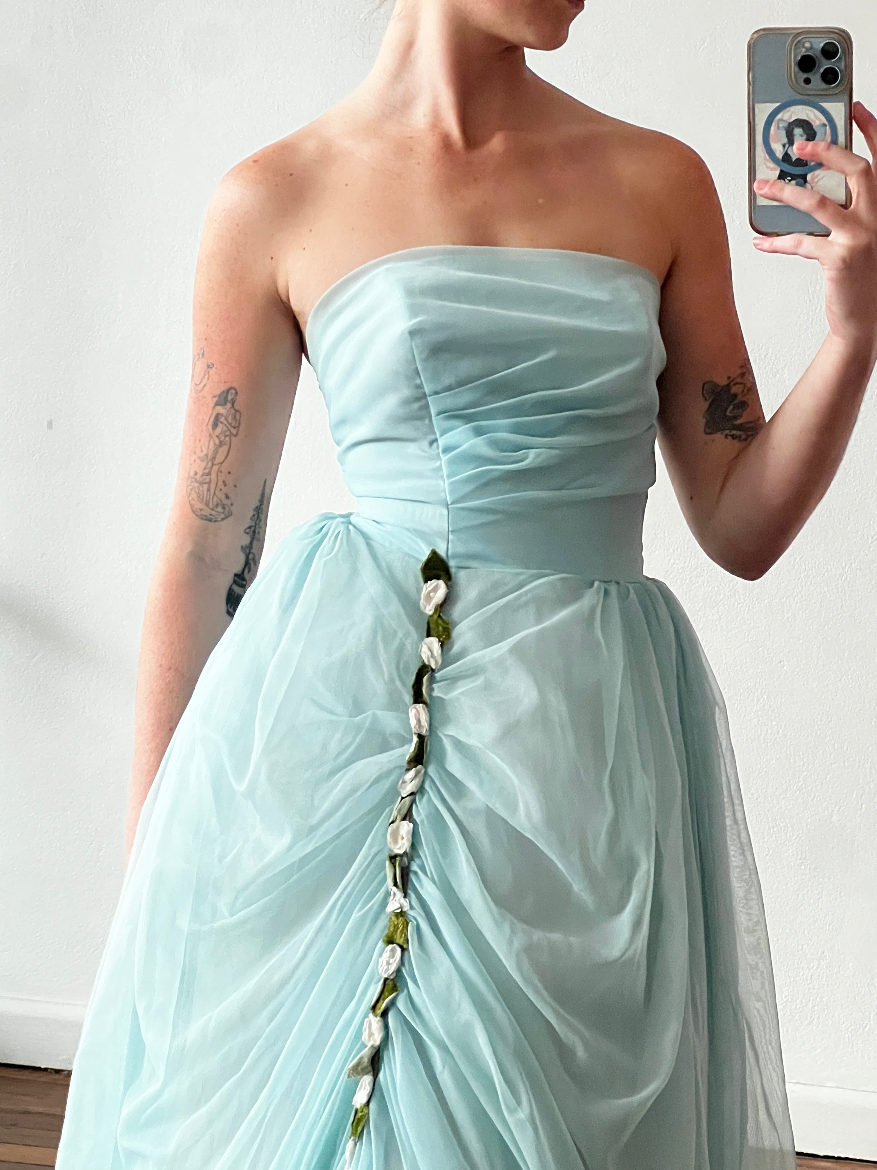1955 Blue Strapless Asymmetrical Flower Detail Dress