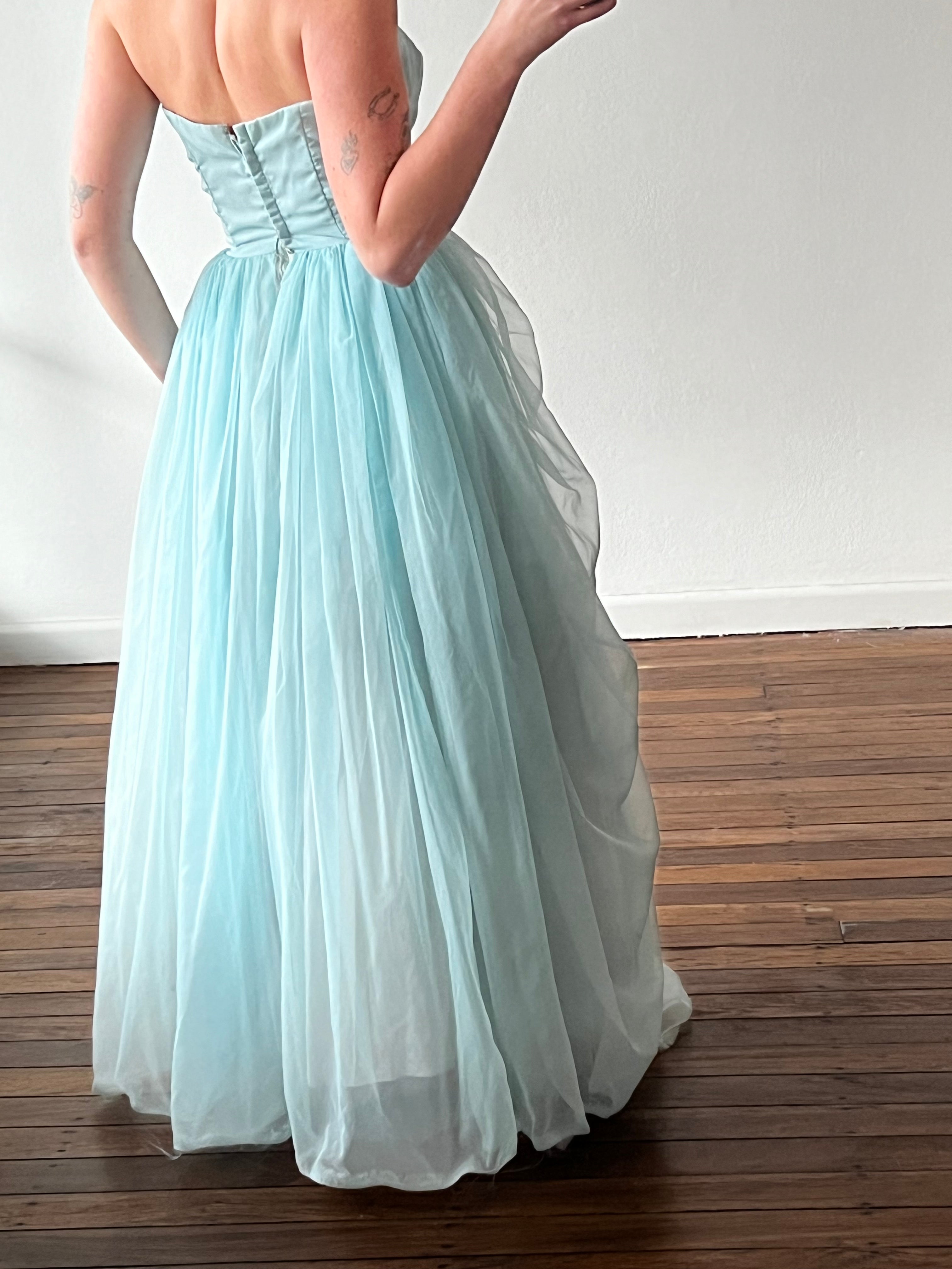 1955 Blue Strapless Asymmetrical Flower Detail Dress