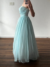 1955 Blue Strapless Asymmetrical Flower Detail Dress