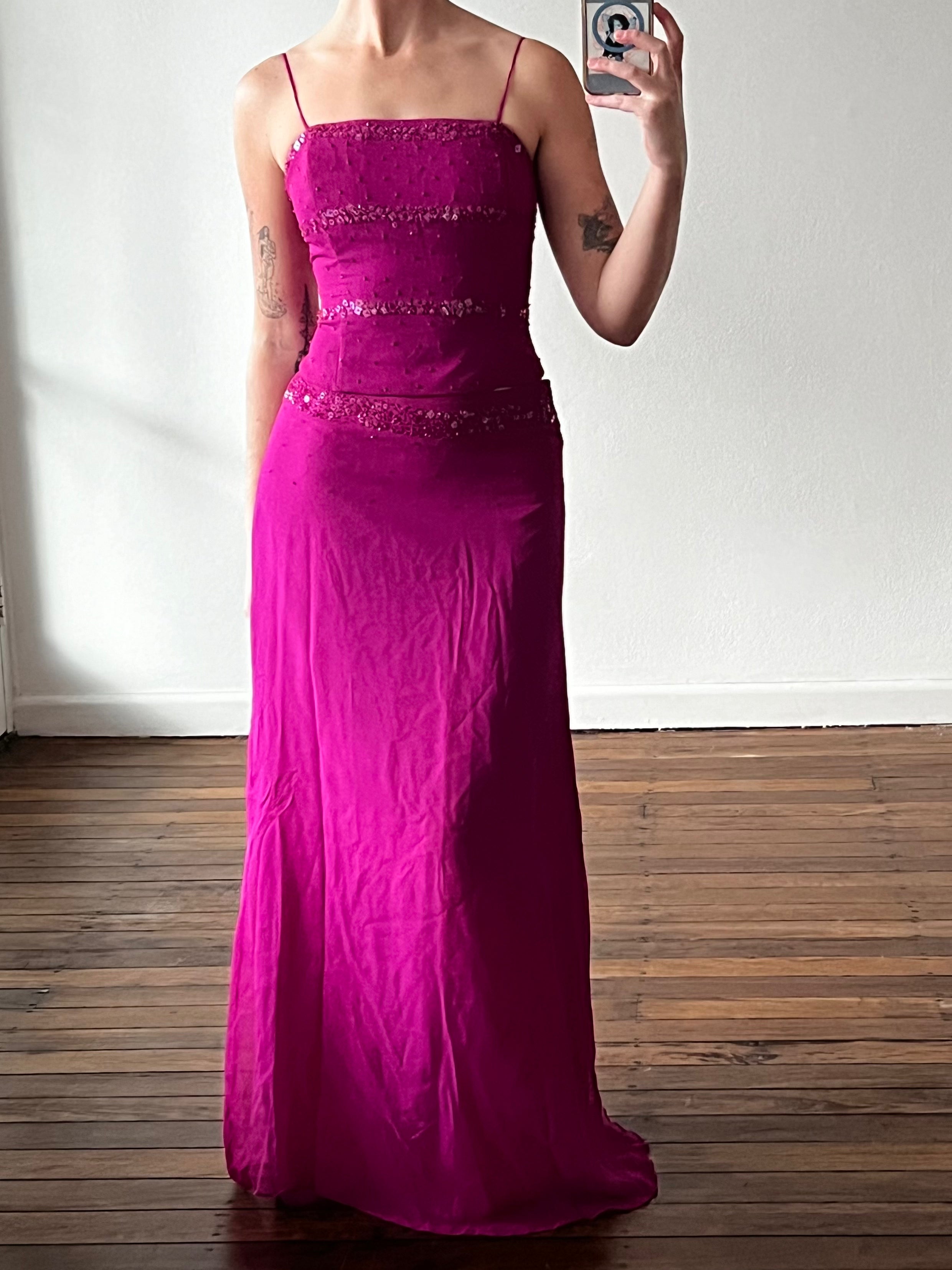 90s Magenta Beaded Silk Bodice and Skirt Set