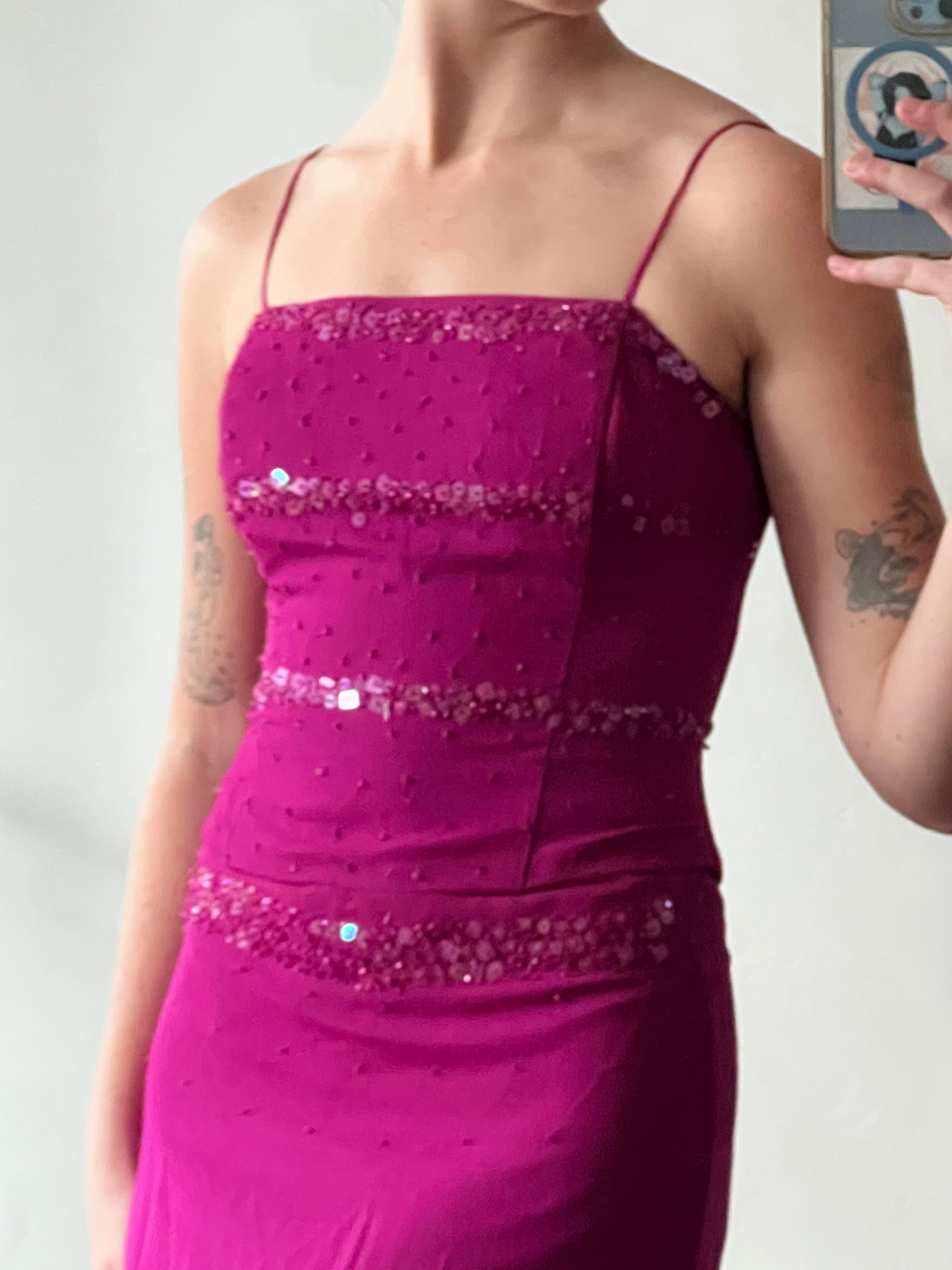 90s Magenta Beaded Silk Bodice and Skirt Set