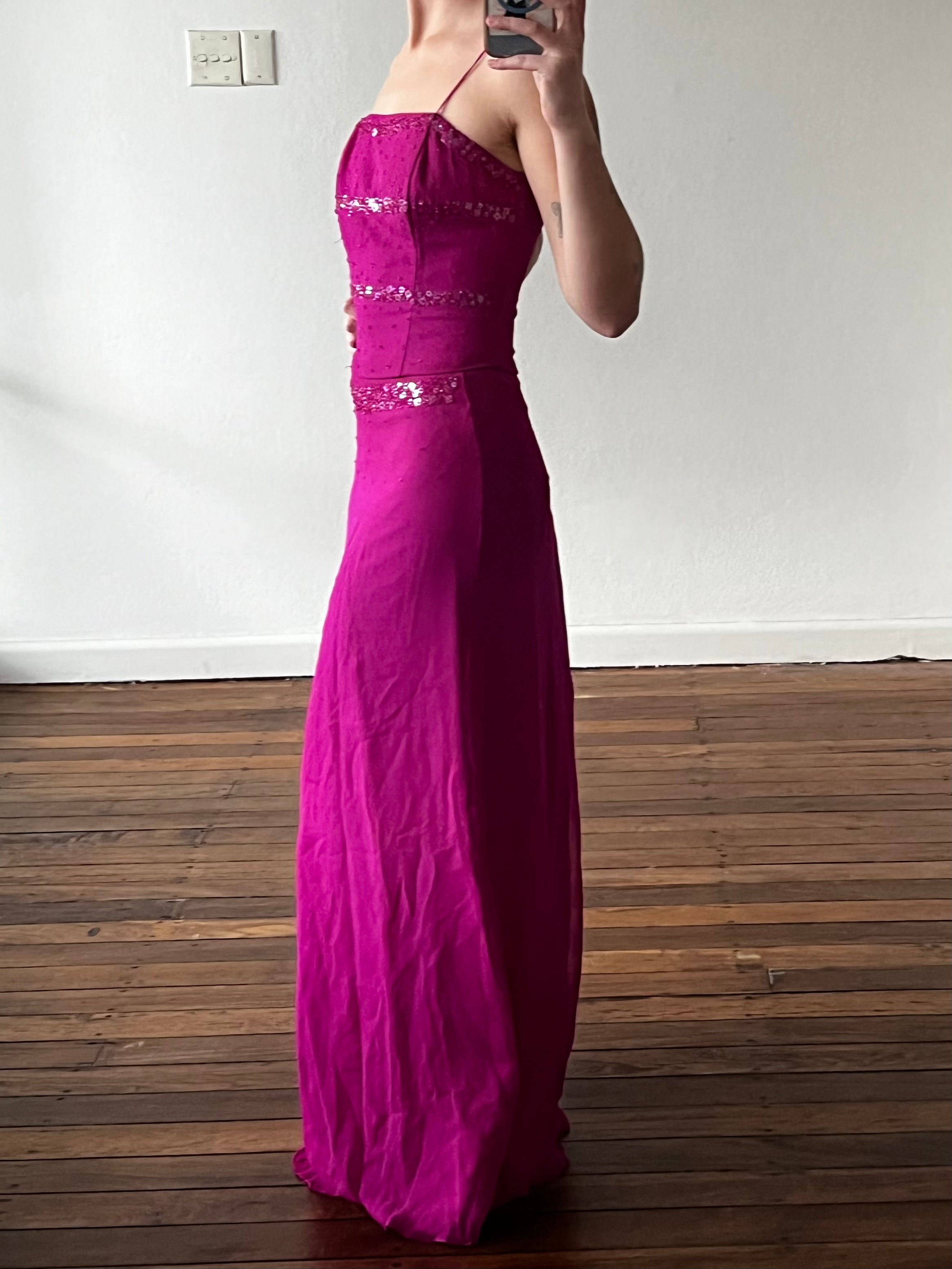 90s Magenta Beaded Silk Bodice and Skirt Set