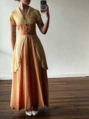 30s Gold and Peach Lace Detail Collared Dress