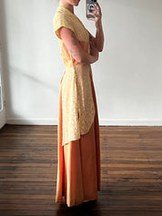 30s Gold and Peach Lace Detail Collared Dress