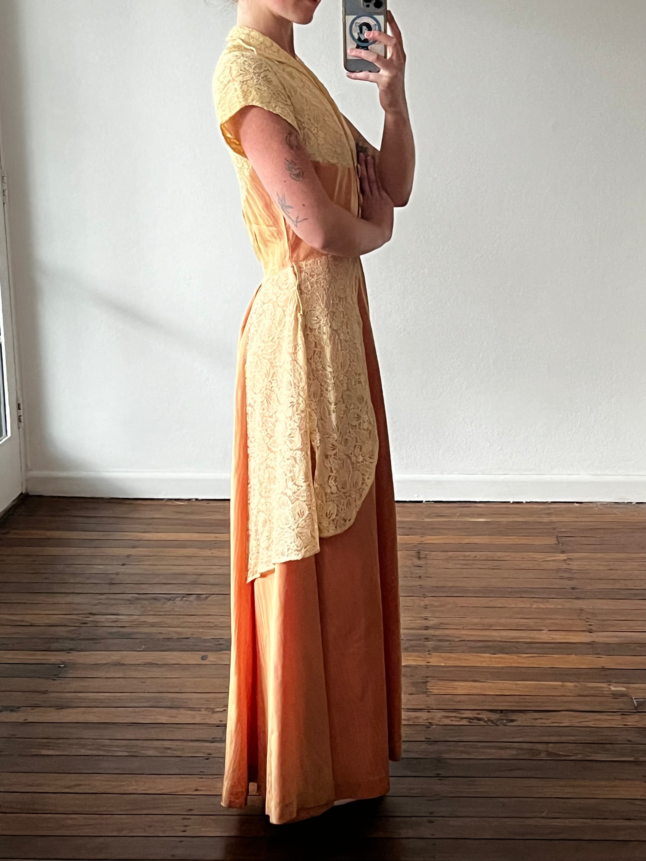 30s Gold and Peach Lace Detail Collared Dress
