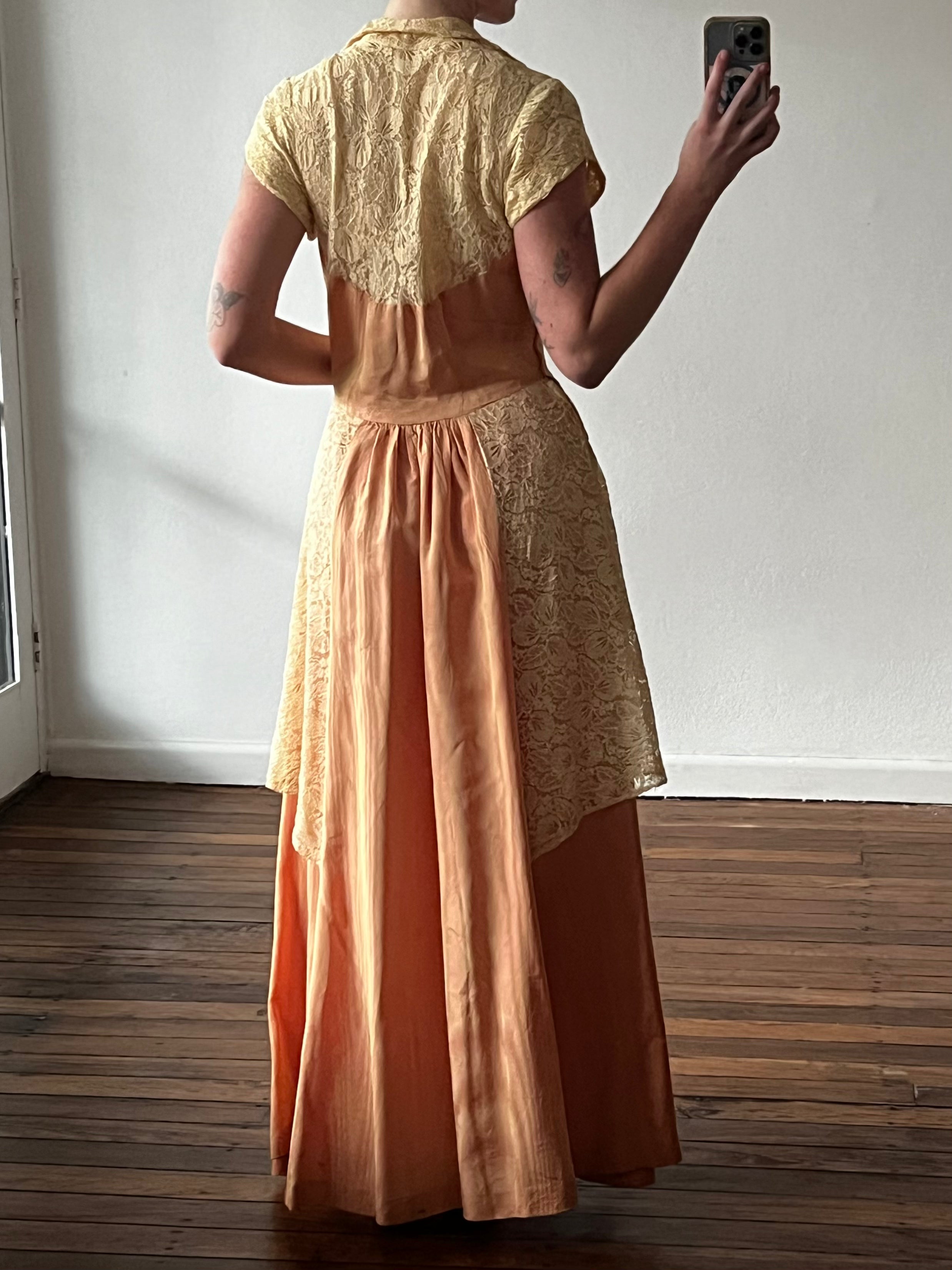 30s Gold and Peach Lace Detail Collared Dress