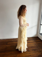 70s Cream Ruffle Bell Sleeve Dress