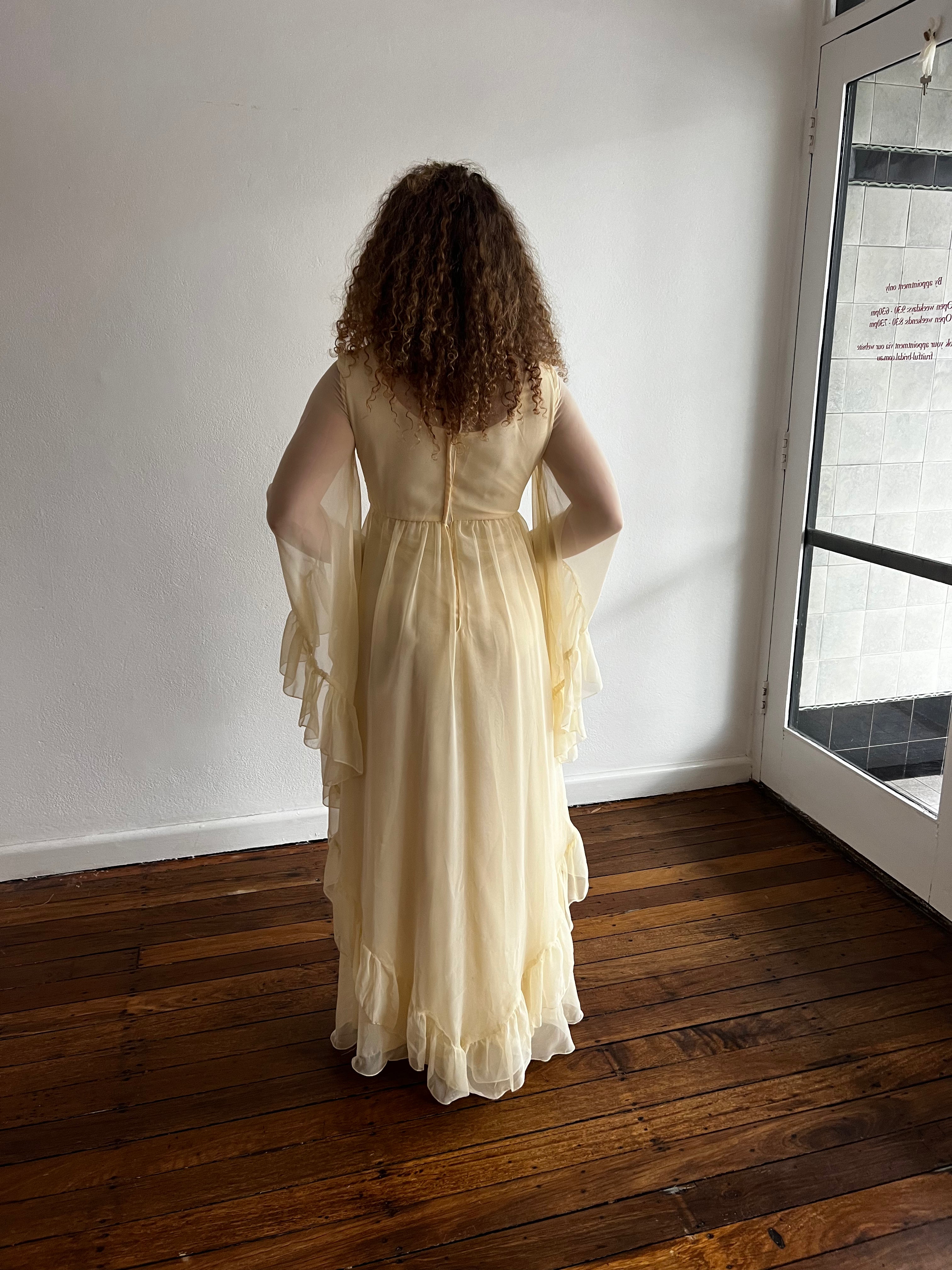 70s Cream Ruffle Bell Sleeve Dress