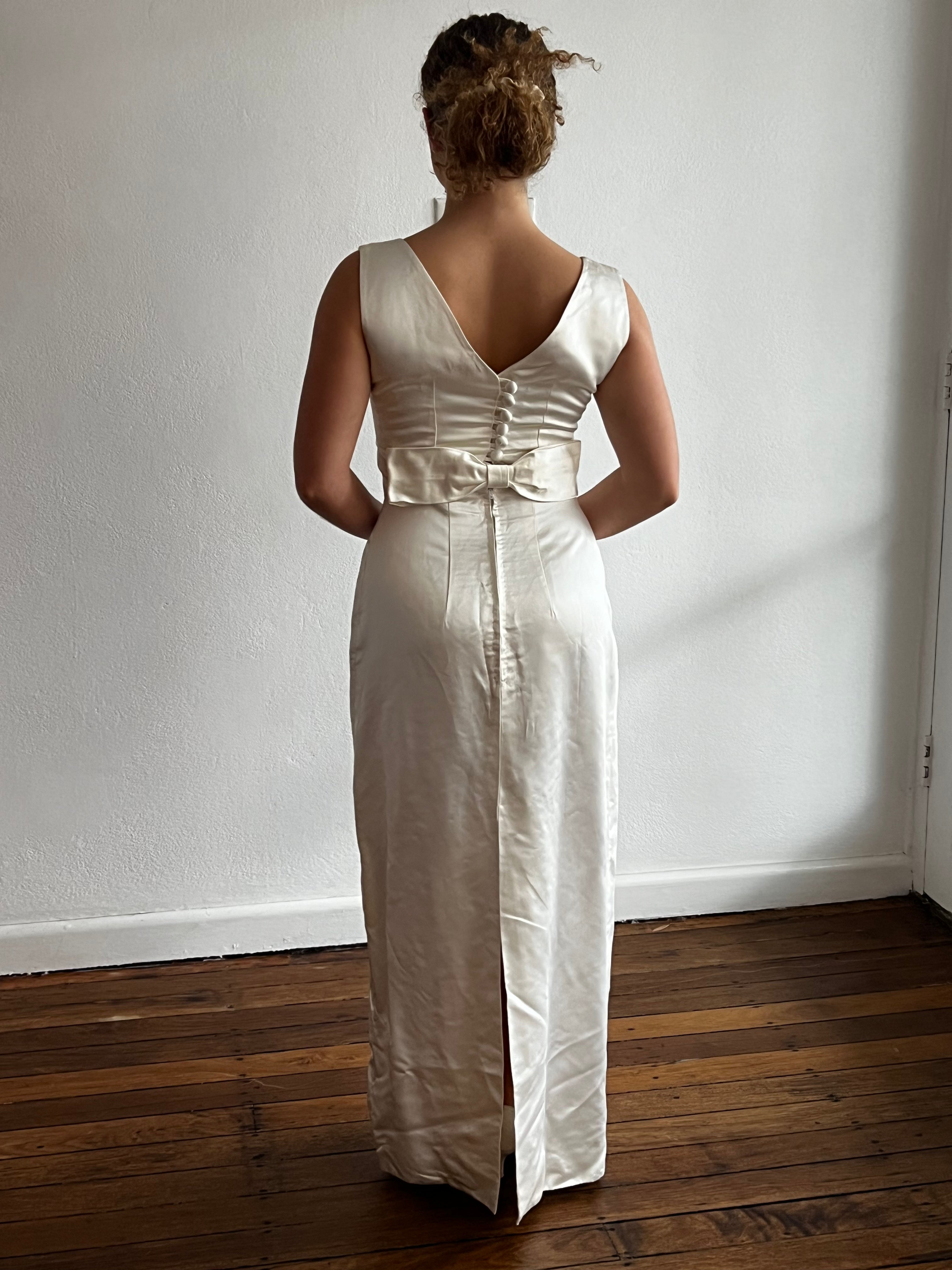 60s Silk Satin Bow Detail Column Dress
