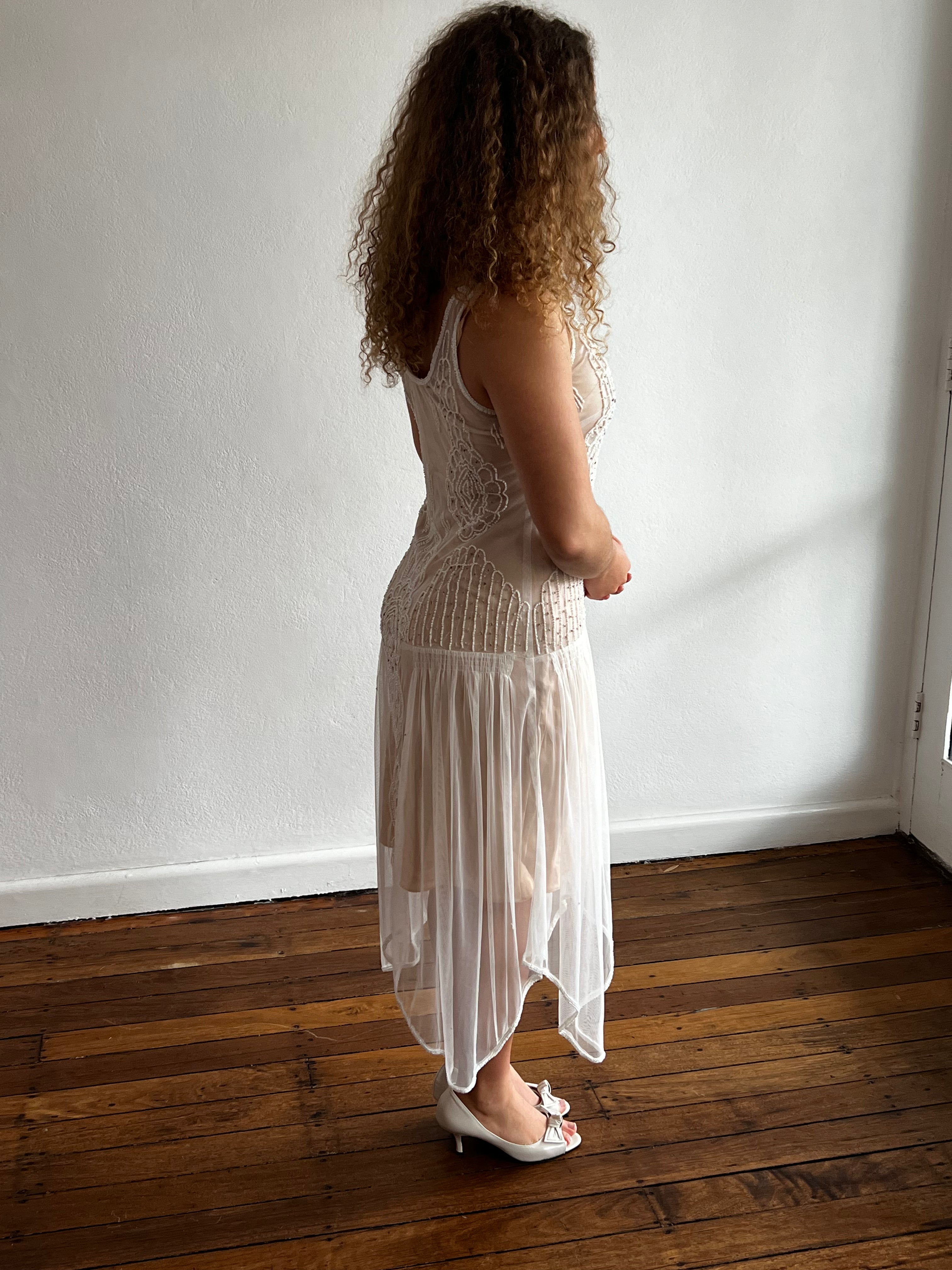 90s does 20s Beaded Flapper Bridal Slip Dress