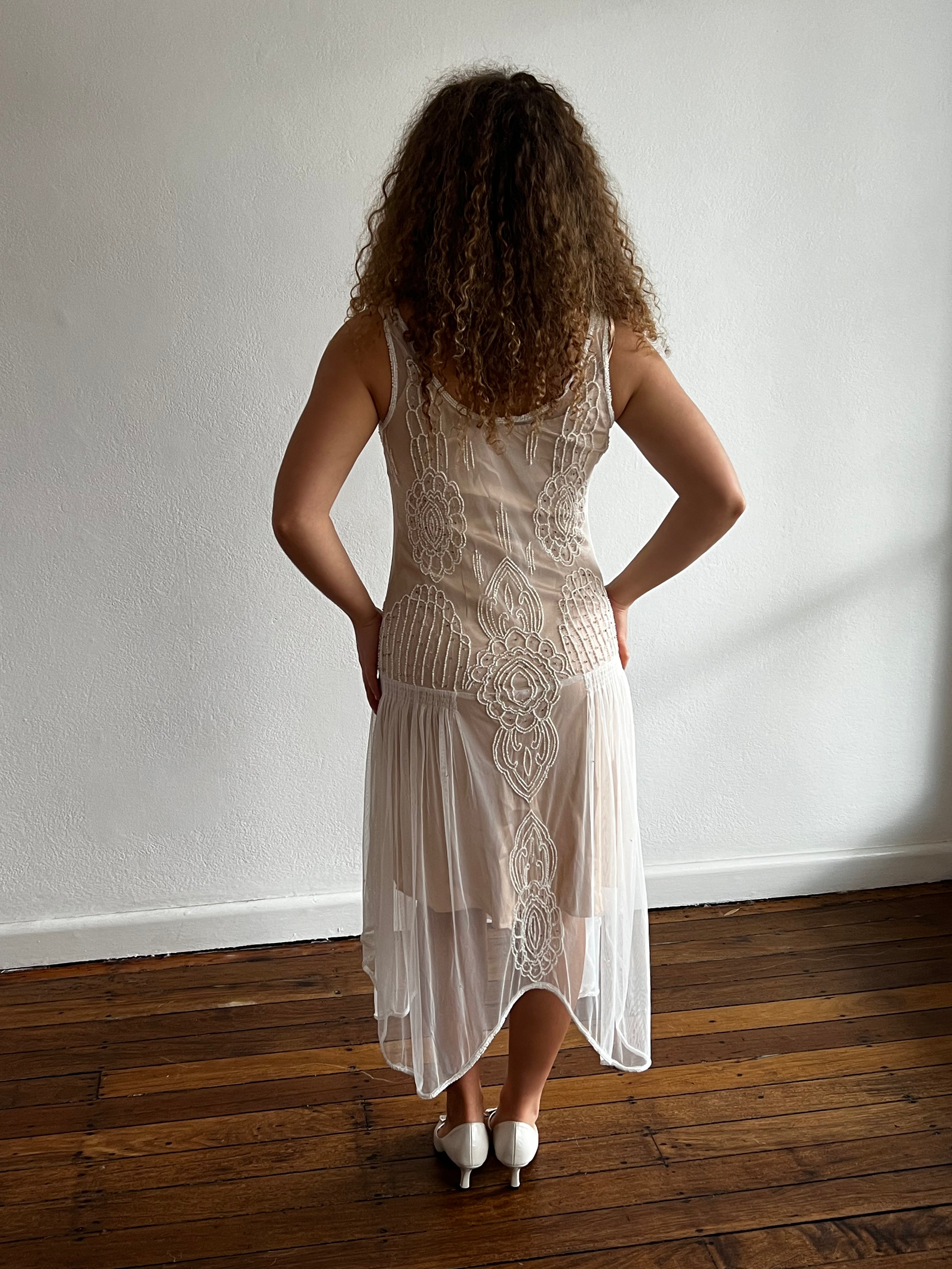 90s does 20s Beaded Flapper Bridal Slip Dress