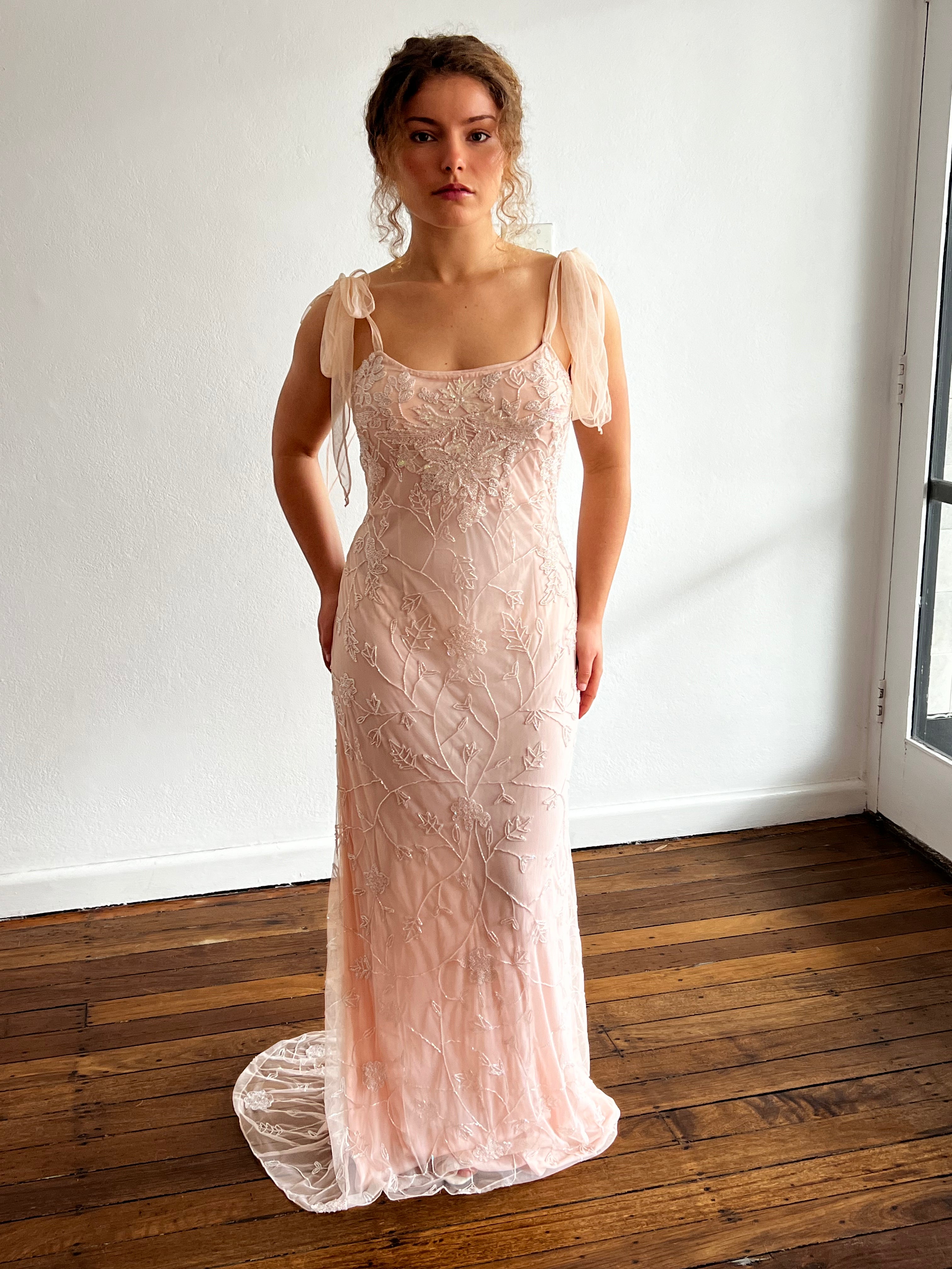 2000s Baby Pink Beaded Silk Slip Dress