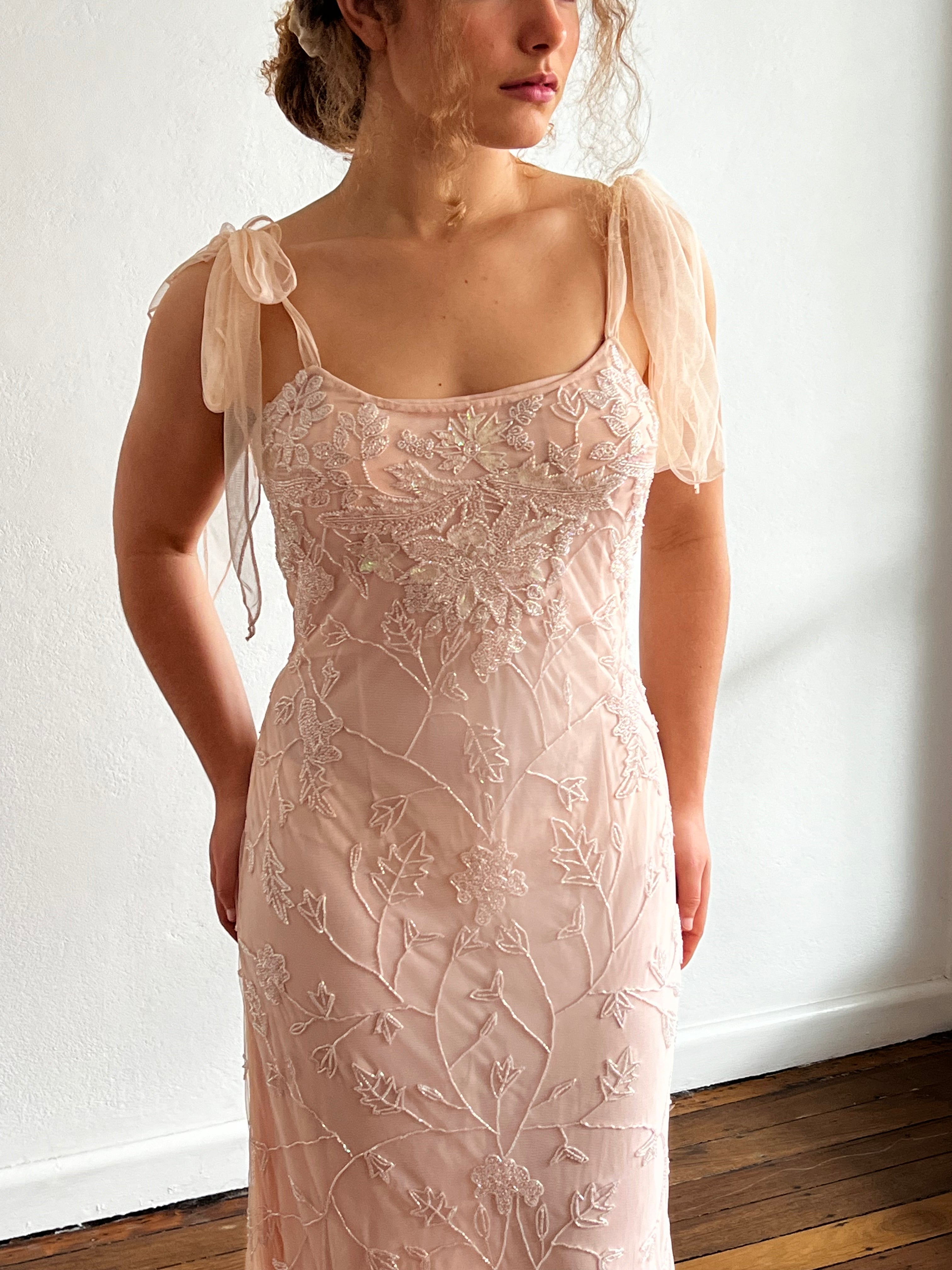 2000s Baby Pink Beaded Silk Slip Dress