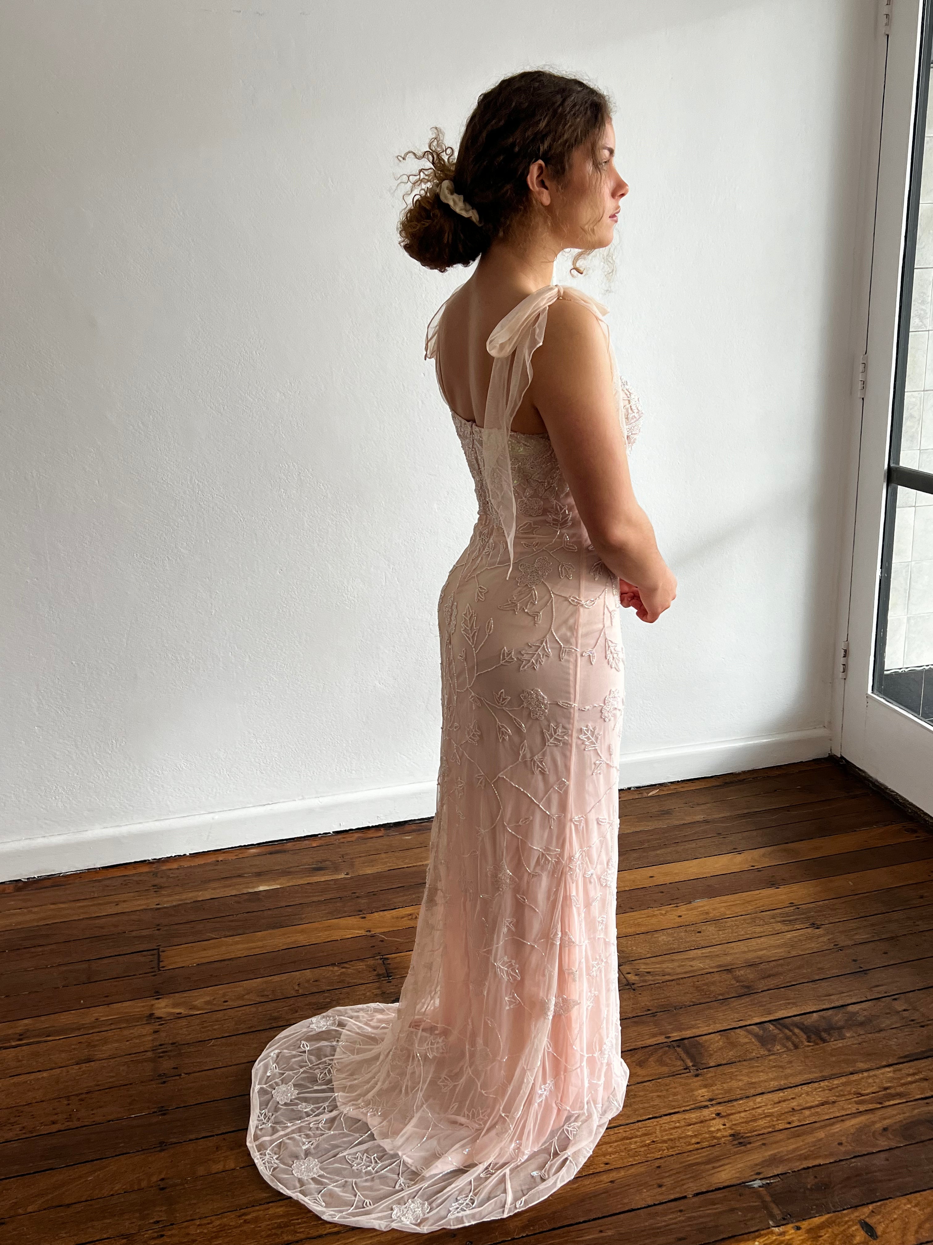 2000s Baby Pink Beaded Silk Slip Dress