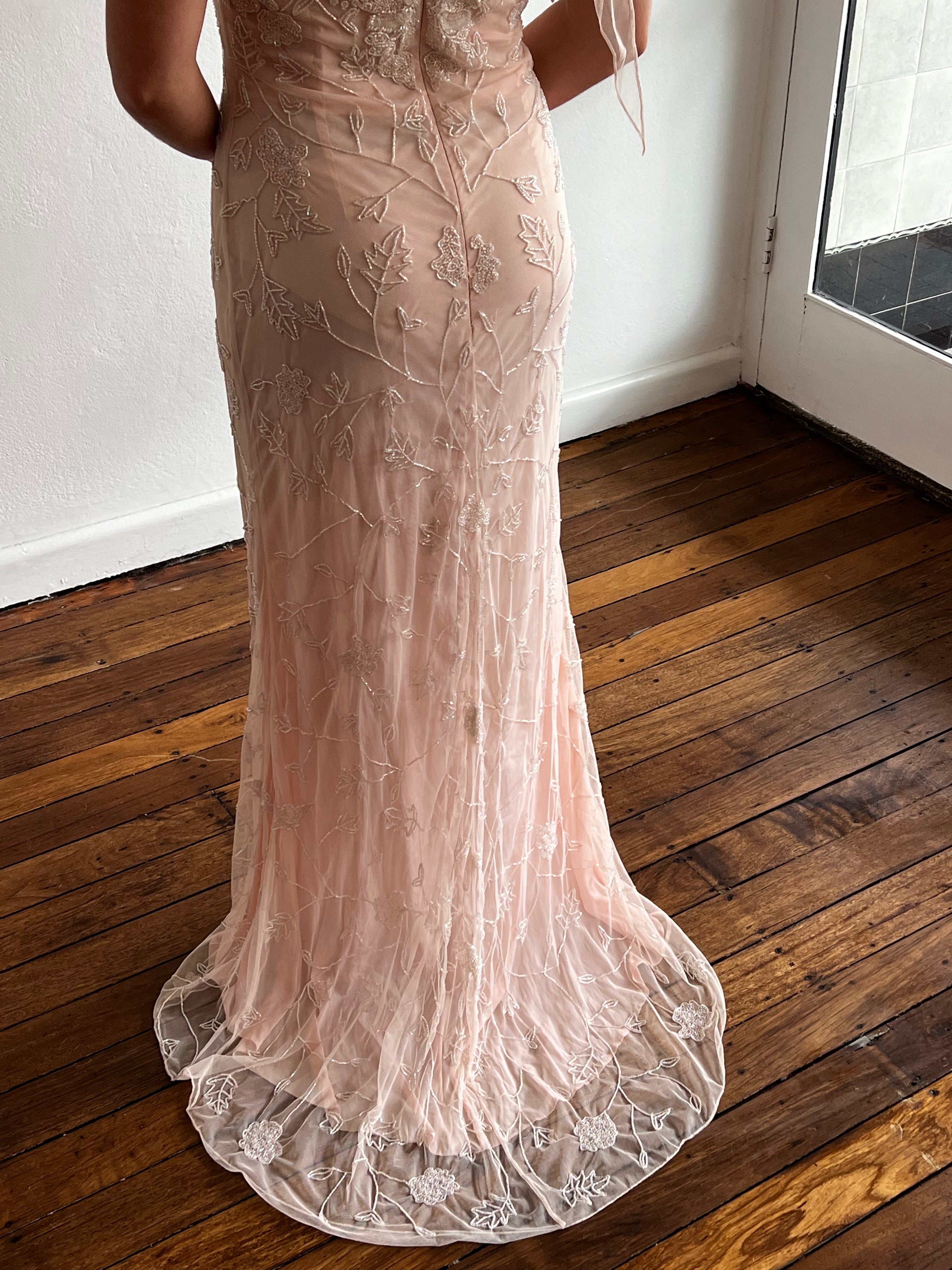 2000s Baby Pink Beaded Silk Slip Dress