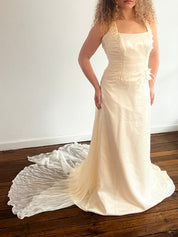 2000s Halter Silk Chiffon Feather Detail Panel Train Dress