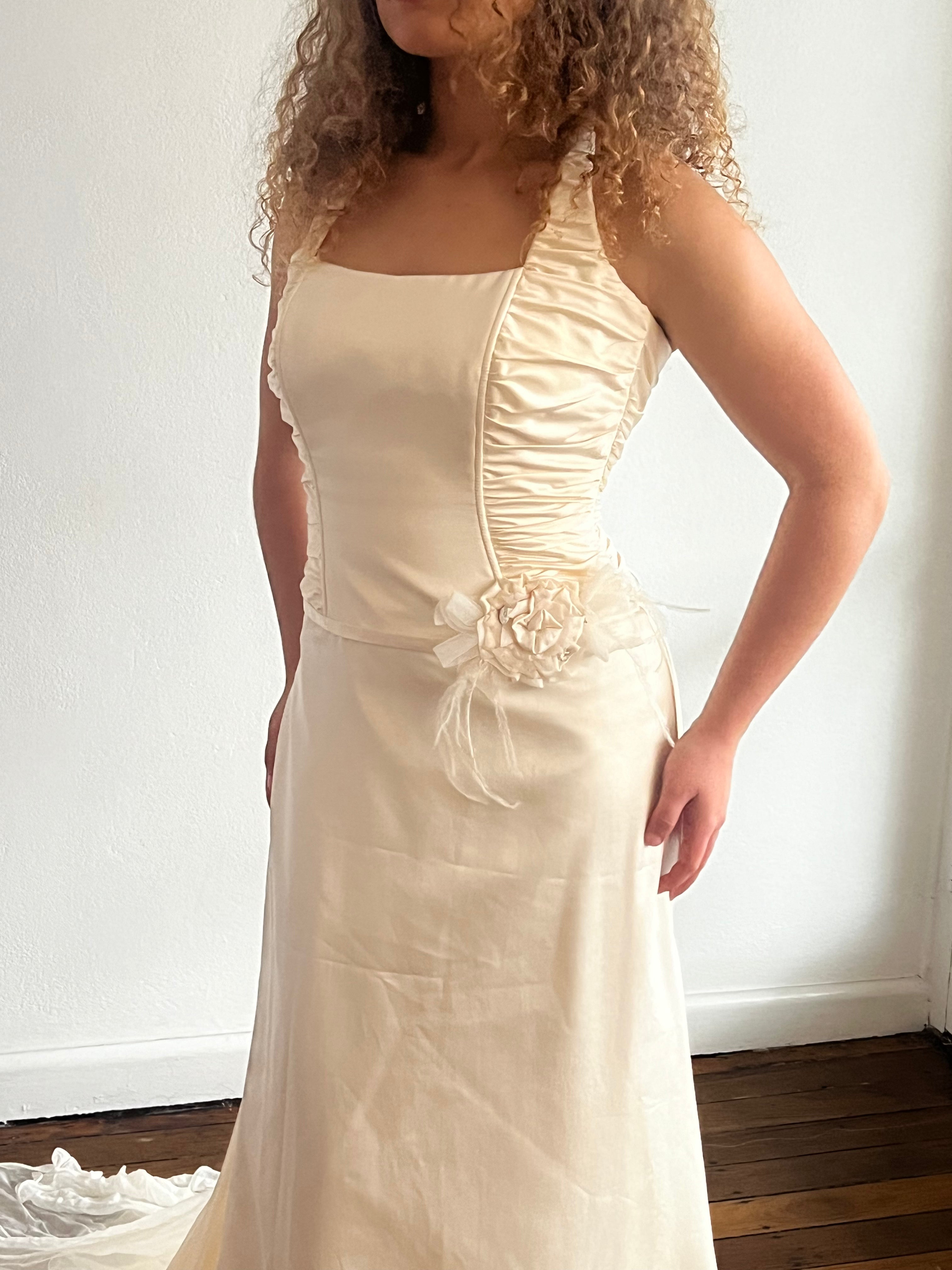 2000s Halter Silk Chiffon Feather Detail Panel Train Dress