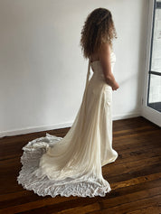 2000s Halter Silk Chiffon Feather Detail Panel Train Dress