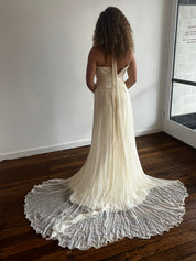 2000s Halter Silk Chiffon Feather Detail Panel Train Dress
