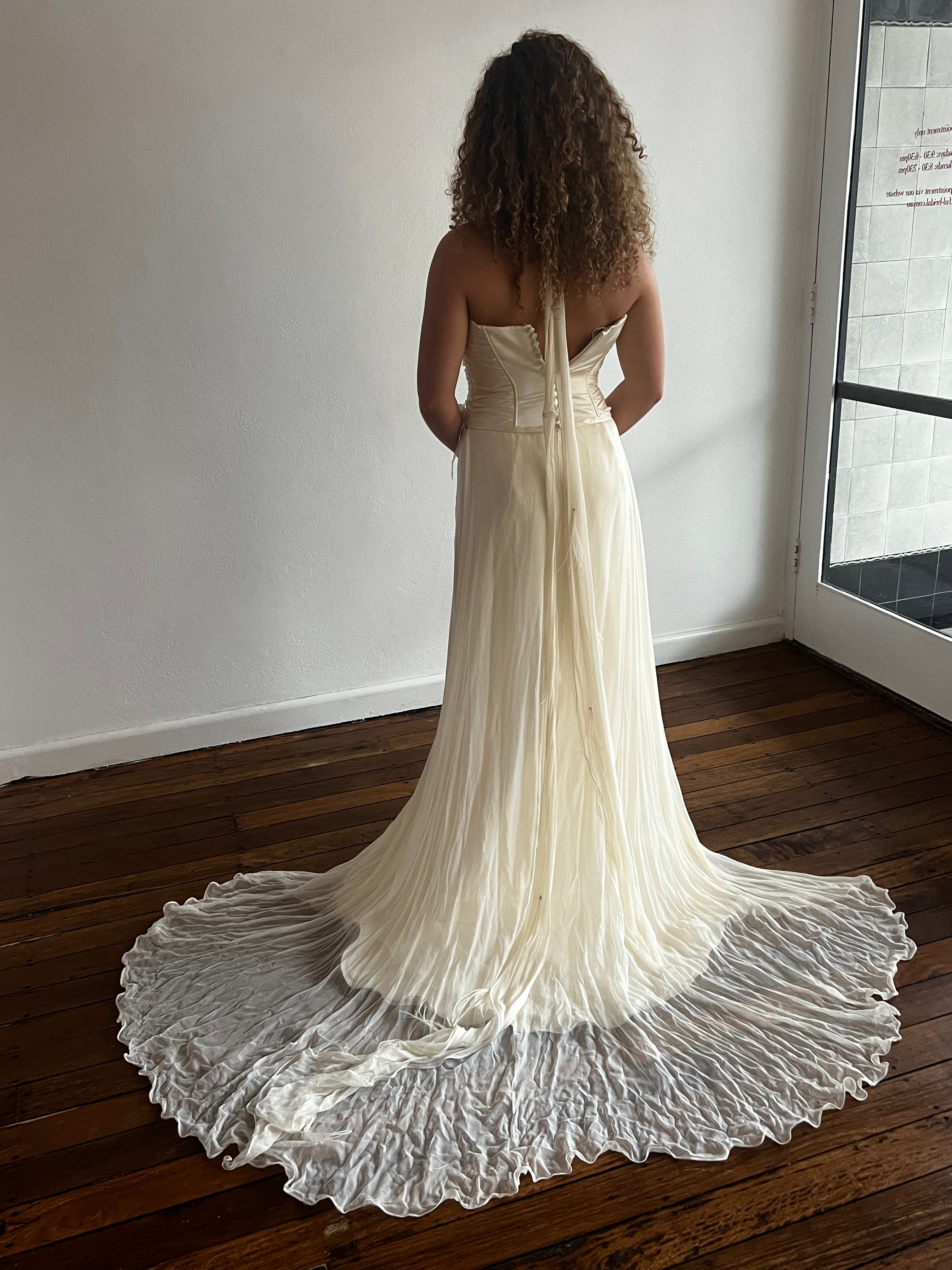 2000s Halter Silk Chiffon Feather Detail Panel Train Dress