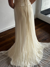 2000s Halter Silk Chiffon Feather Detail Panel Train Dress