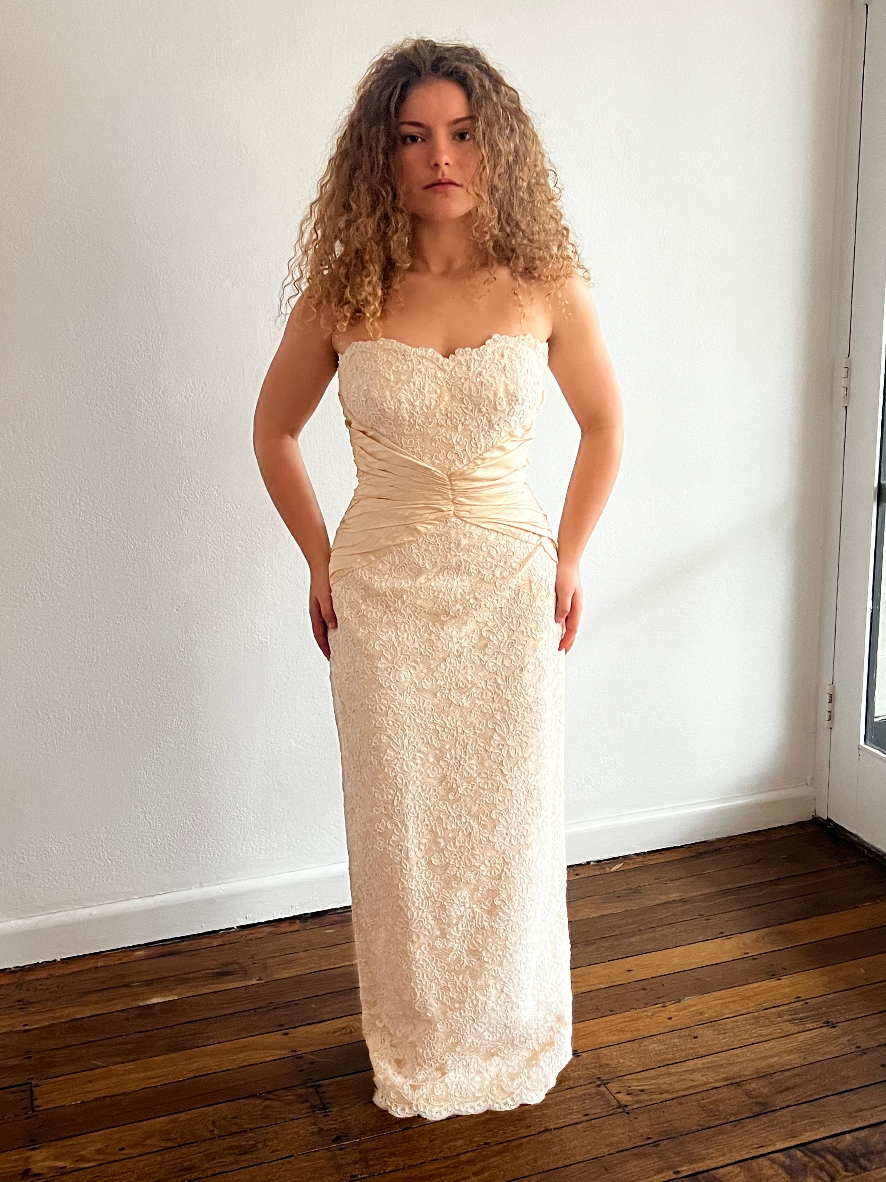 90s Strapless Lace Gathered Raw Silk Waist Bodycon Dress