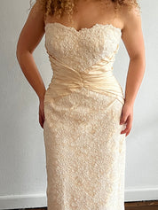 90s Strapless Lace Gathered Raw Silk Waist Bodycon Dress