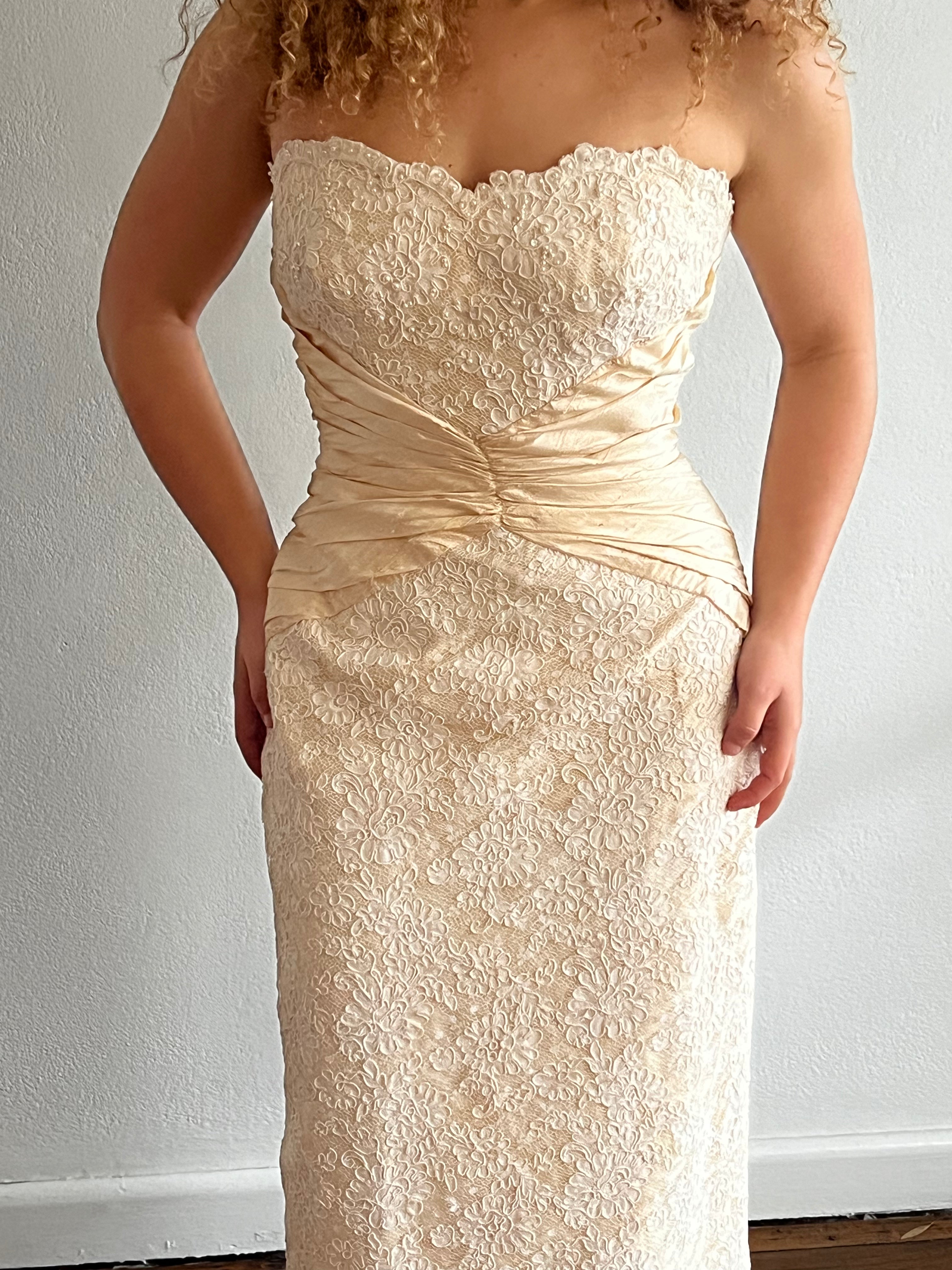 90s Strapless Lace Gathered Raw Silk Waist Bodycon Dress