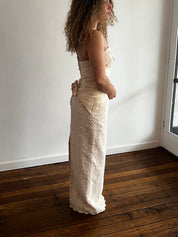 90s Strapless Lace Gathered Raw Silk Waist Bodycon Dress