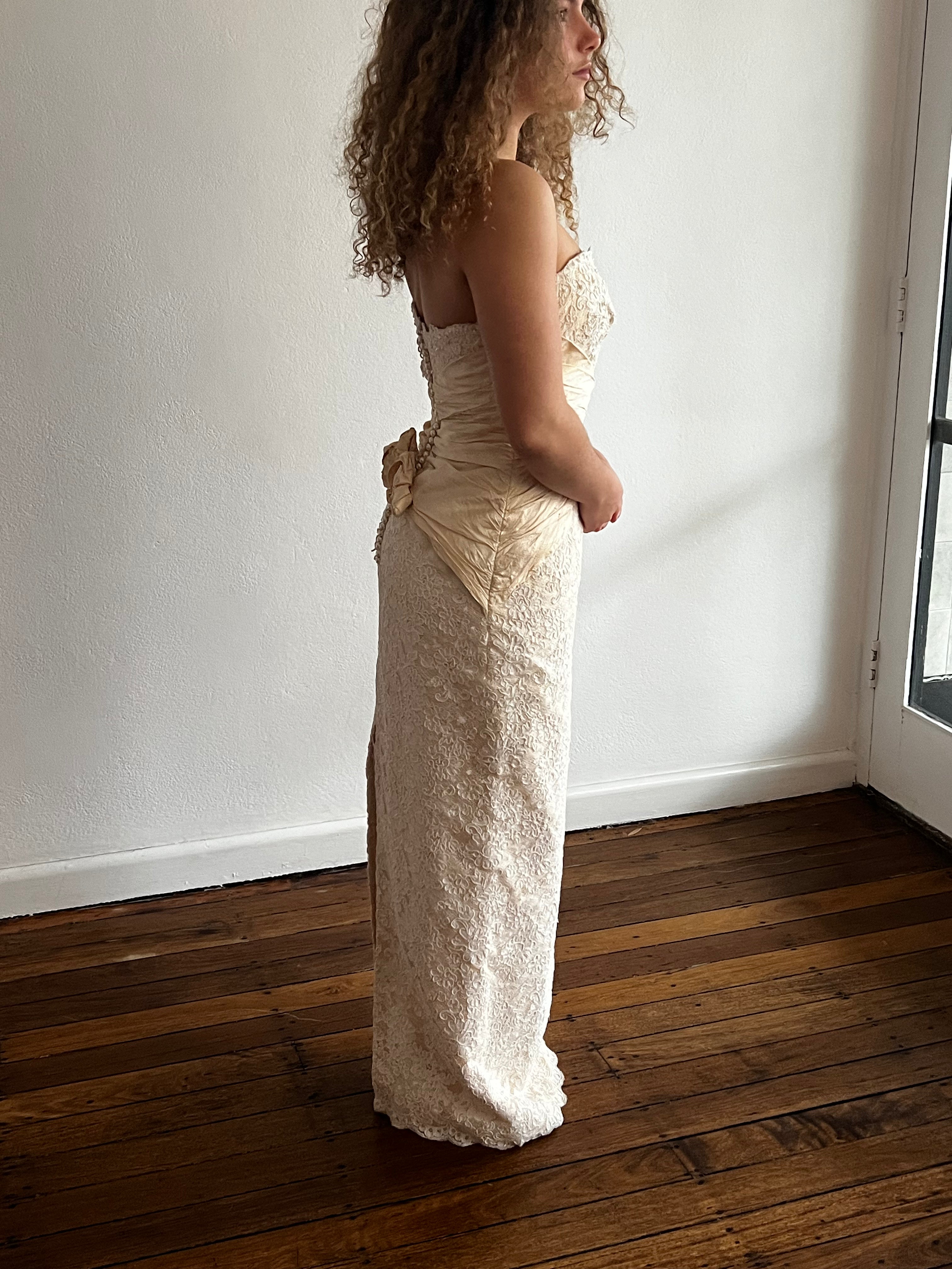 90s Strapless Lace Gathered Raw Silk Waist Bodycon Dress