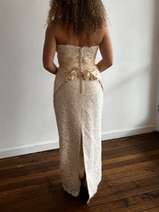 90s Strapless Lace Gathered Raw Silk Waist Bodycon Dress