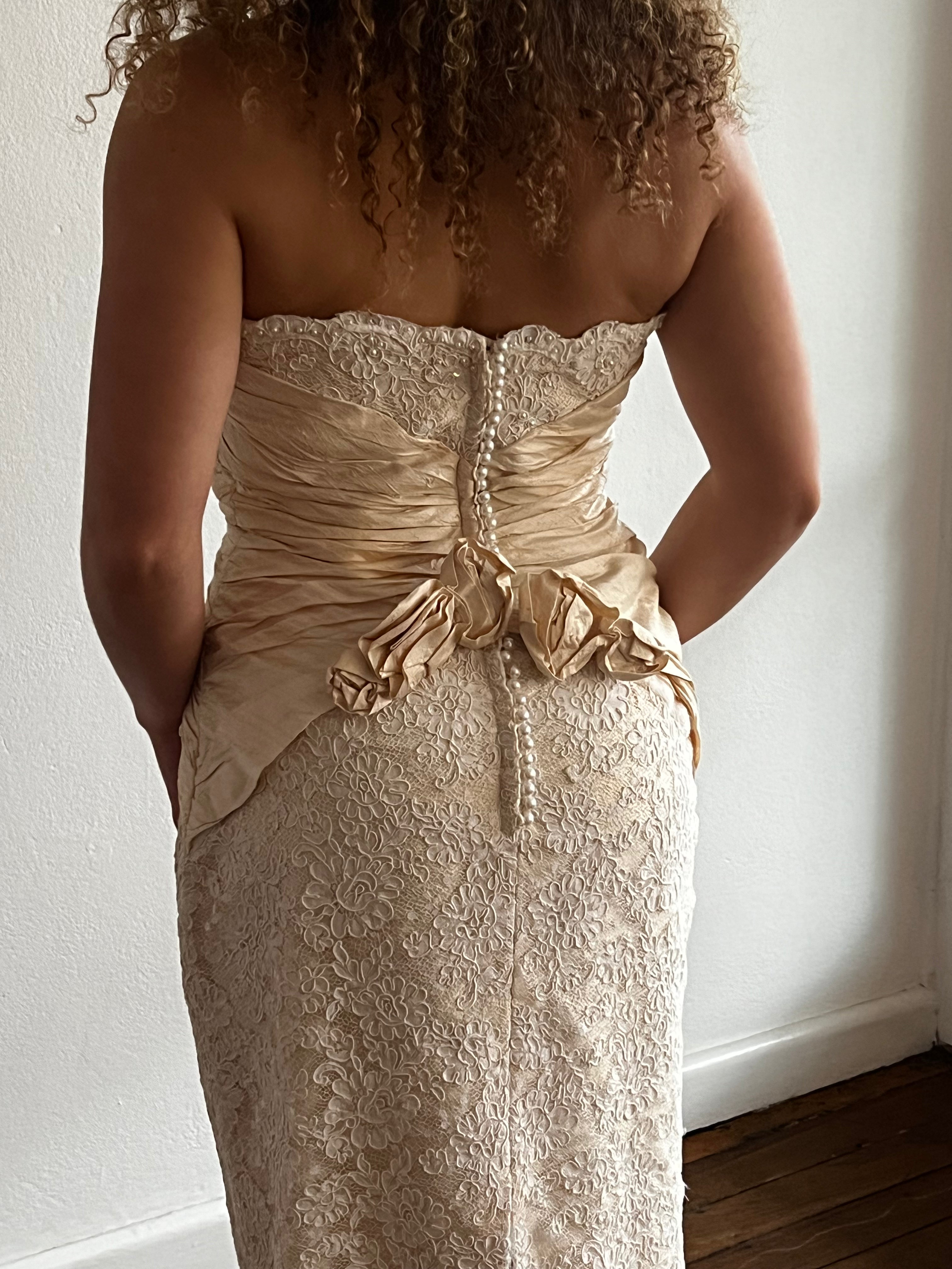 90s Strapless Lace Gathered Raw Silk Waist Bodycon Dress