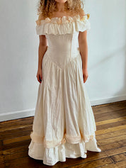 80s Raw Silk Off-the-shoulder Peach Rosette Dress