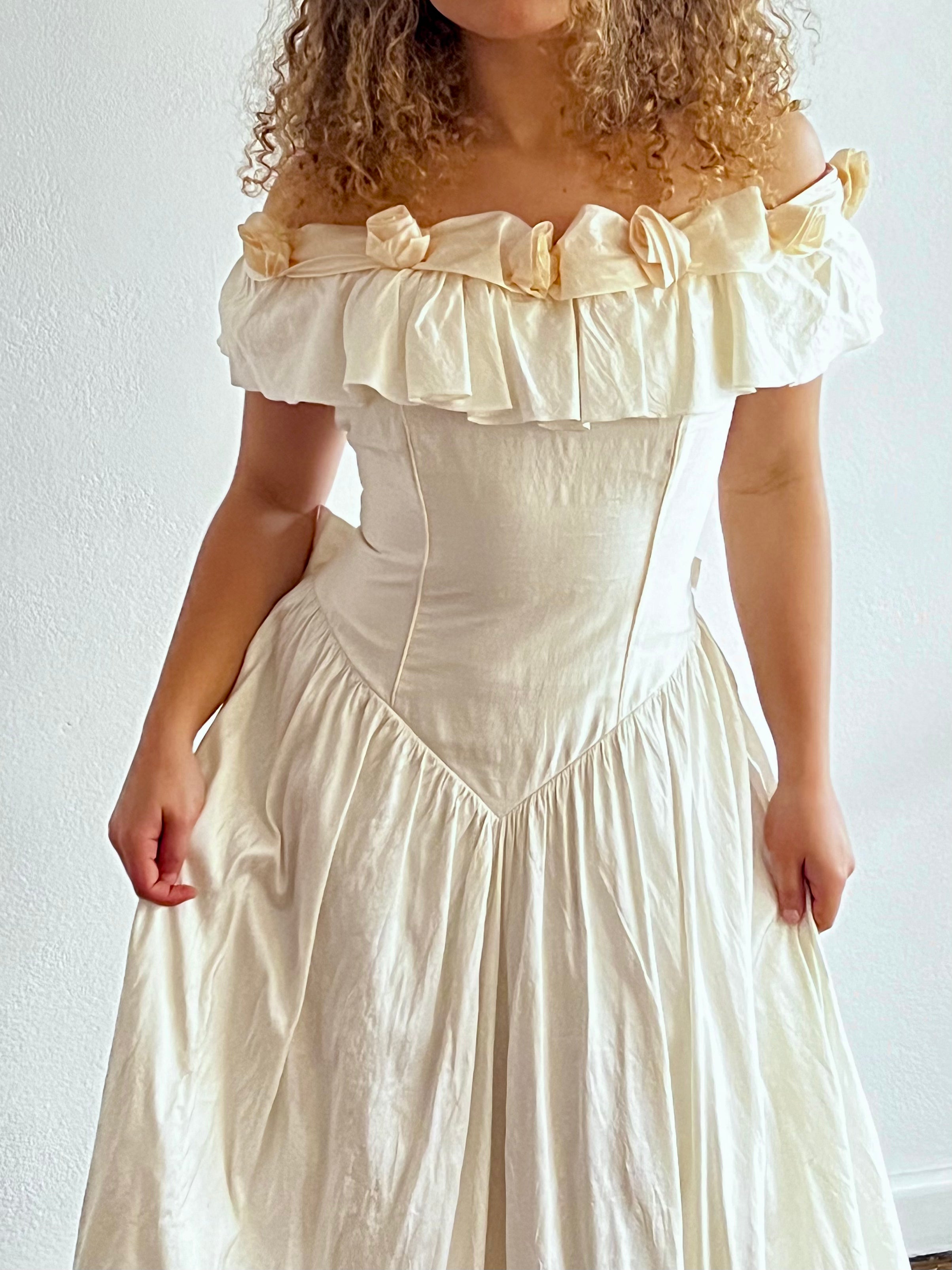 80s Raw Silk Off-the-shoulder Peach Rosette Dress
