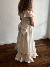 80s Raw Silk Off-the-shoulder Peach Rosette Dress