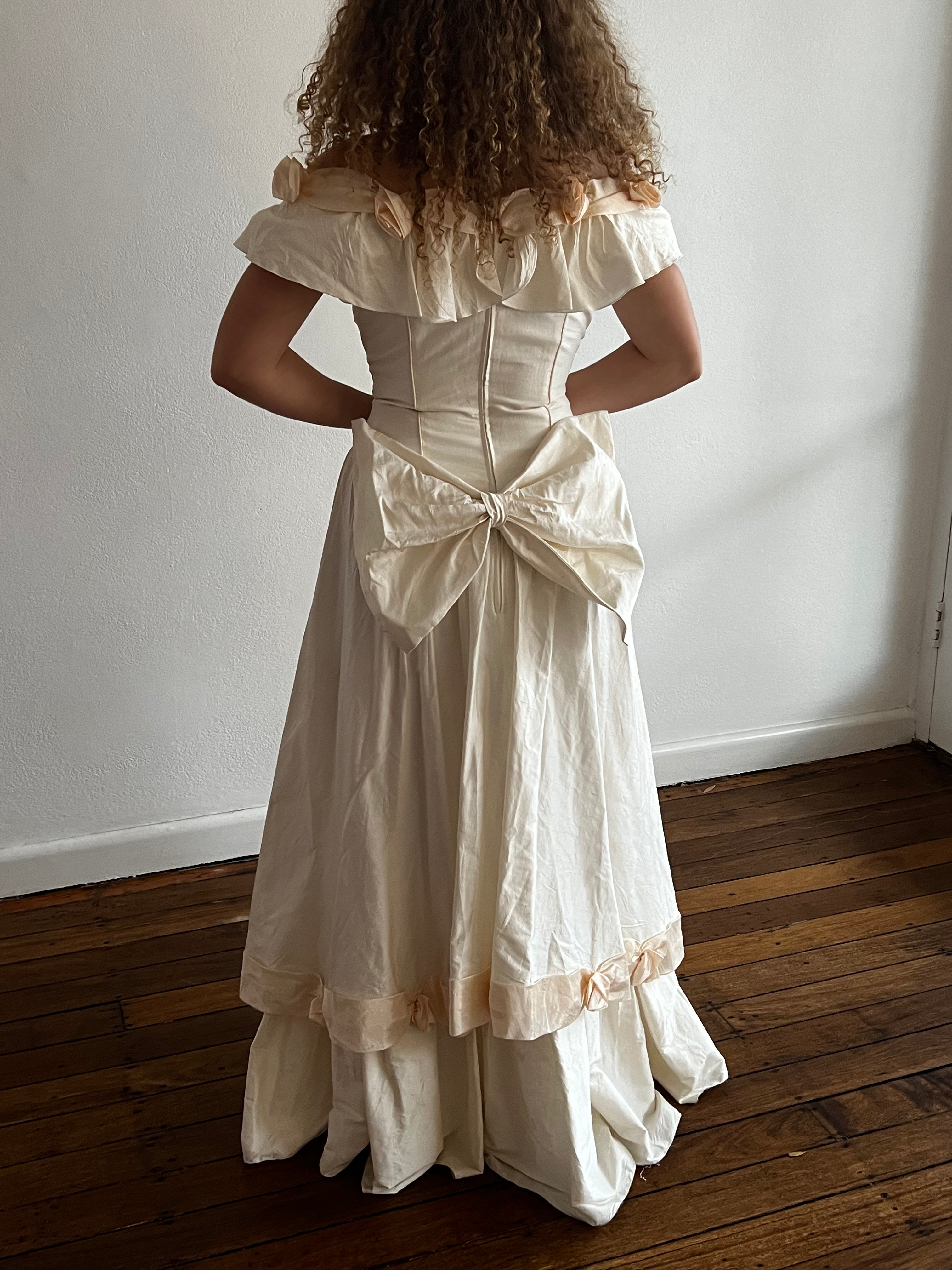 80s Raw Silk Off-the-shoulder Peach Rosette Dress