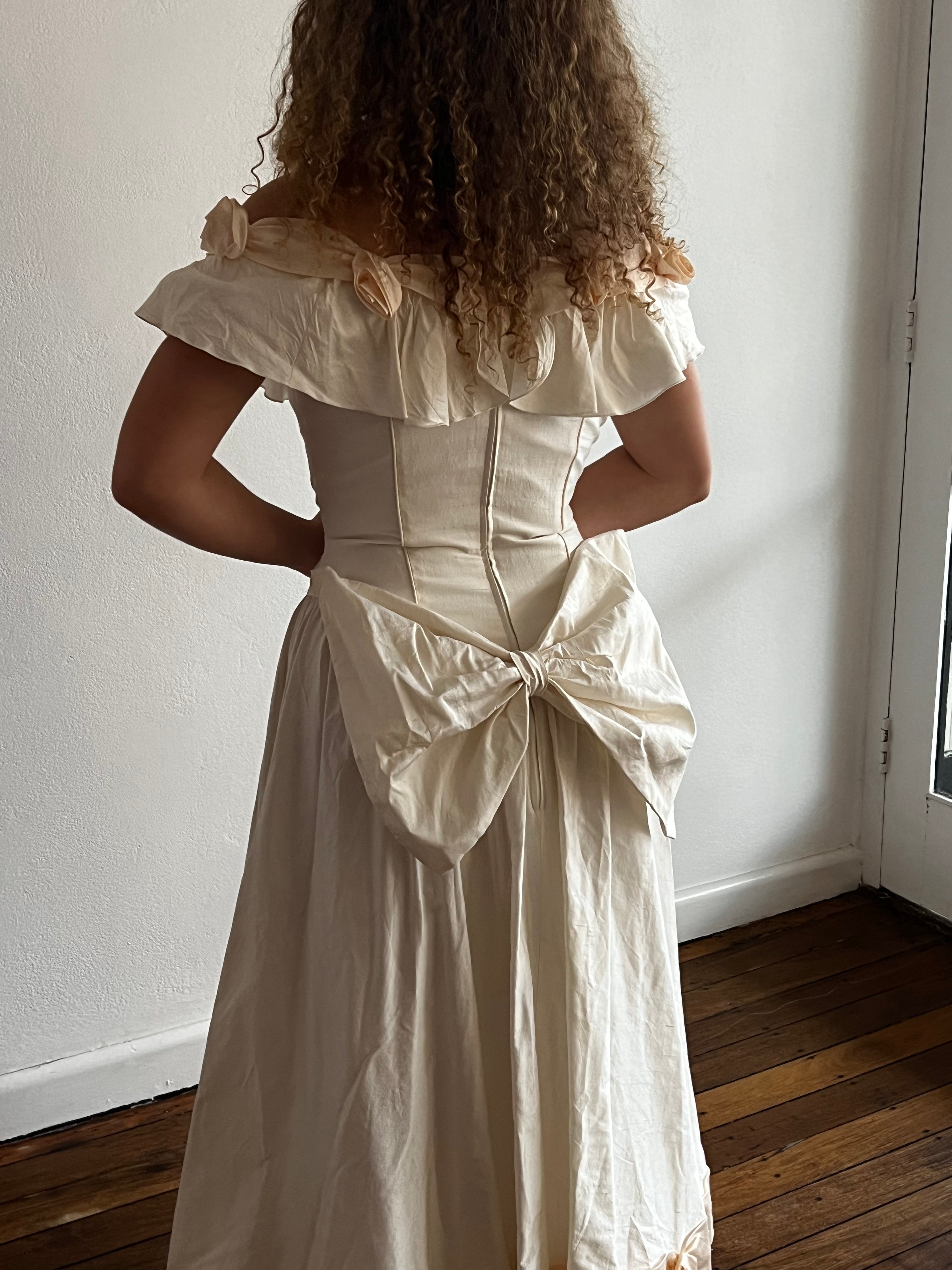 80s Raw Silk Off-the-shoulder Peach Rosette Dress