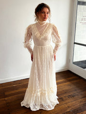 70s Cream Lace Long Sleeve Prairie Dress