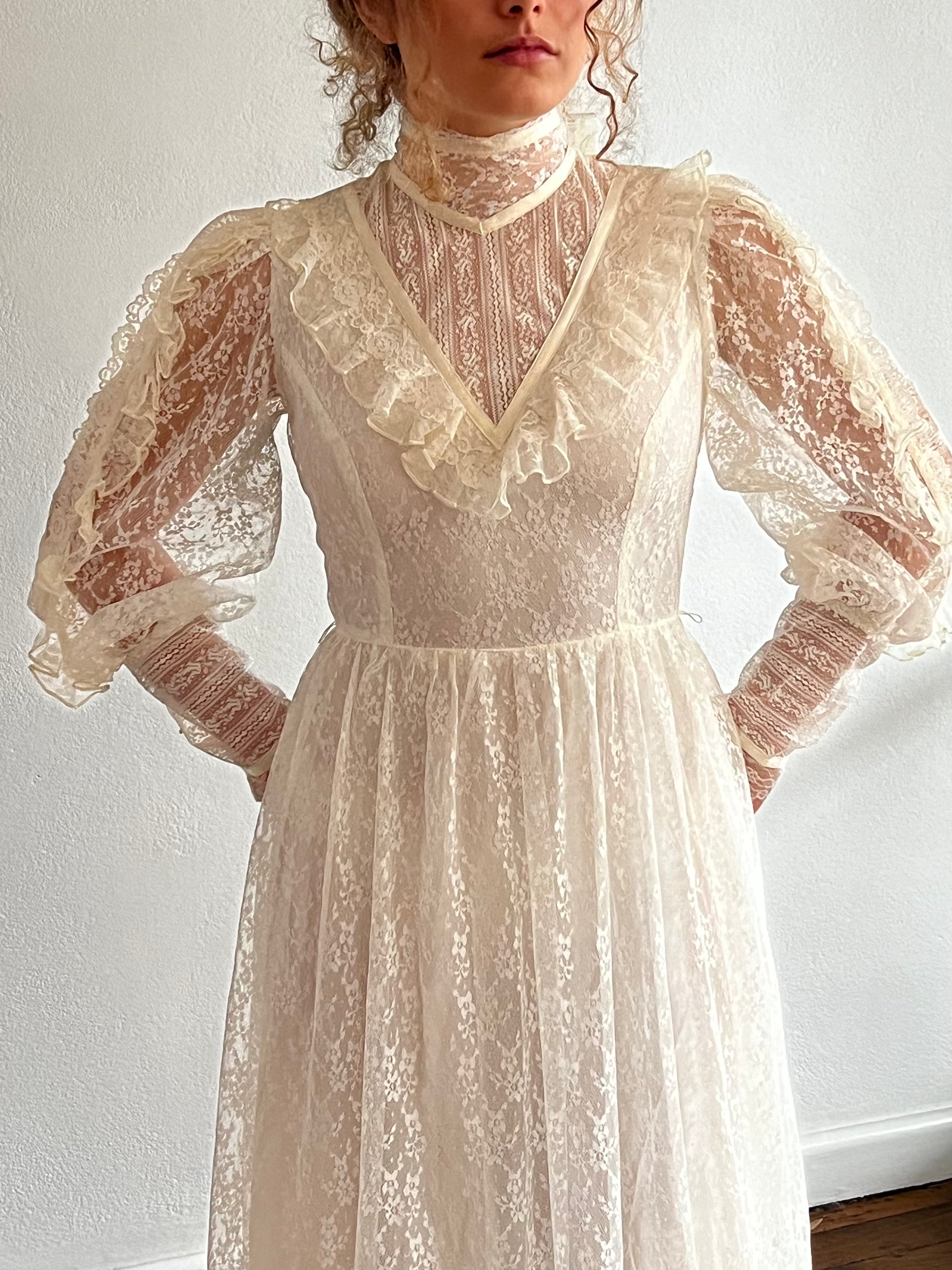 70s Cream Lace Long Sleeve Prairie Dress