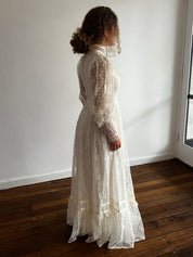 70s Cream Lace Long Sleeve Prairie Dress