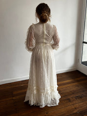 70s Cream Lace Long Sleeve Prairie Dress